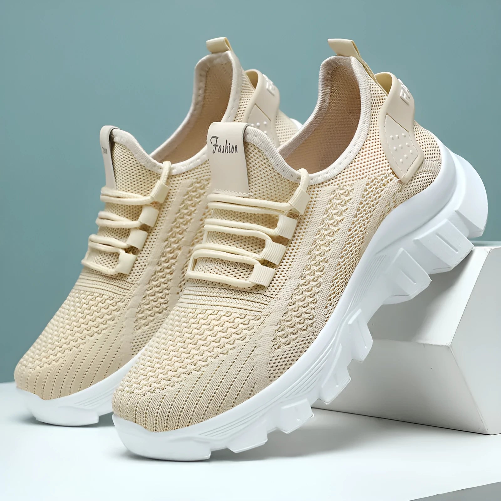 Men's white Flyknit running sneakers with thick PVC sole and lace-up closure