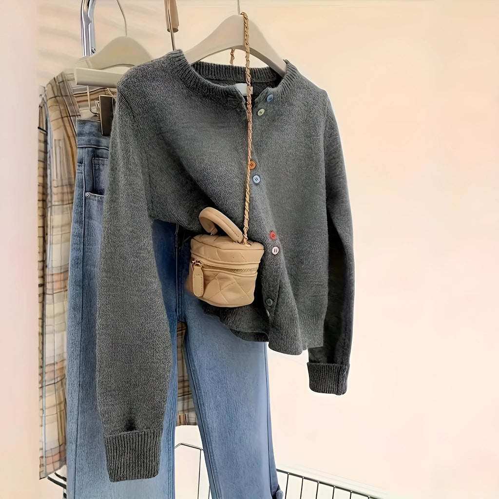 Dark grey women's cardigan sweater with button front and long sleeves