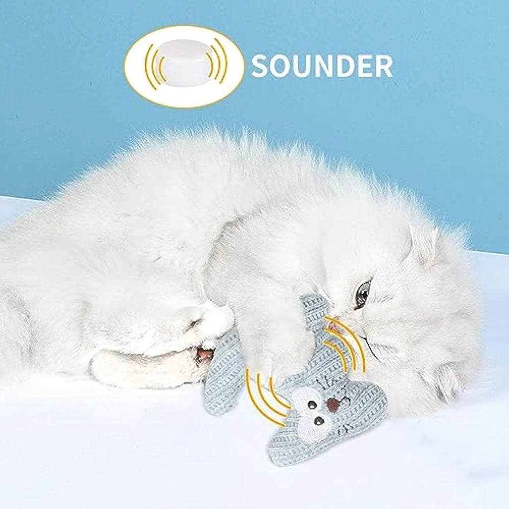 Cyan plush rope catnip toy with bell for cats, showing knitted fabric texture and measuring 12 cm by 11 cm