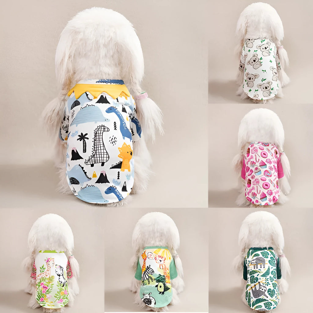 Polyester dog t-shirt with full-body printed design shown in multiple colour options and sizes