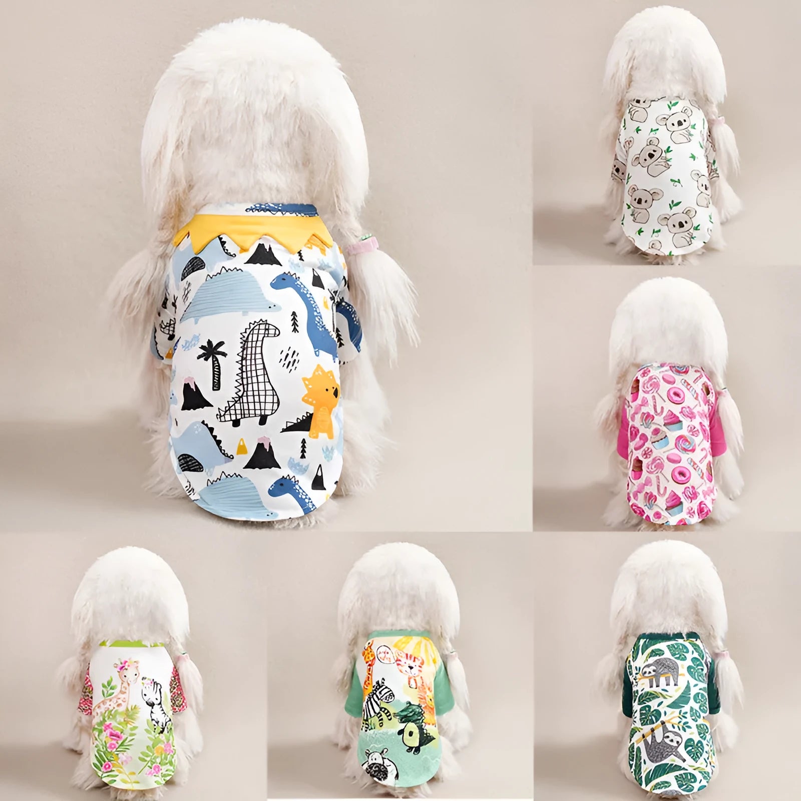 Polyester dog t-shirt with full-body printed design shown in multiple colour options and sizes