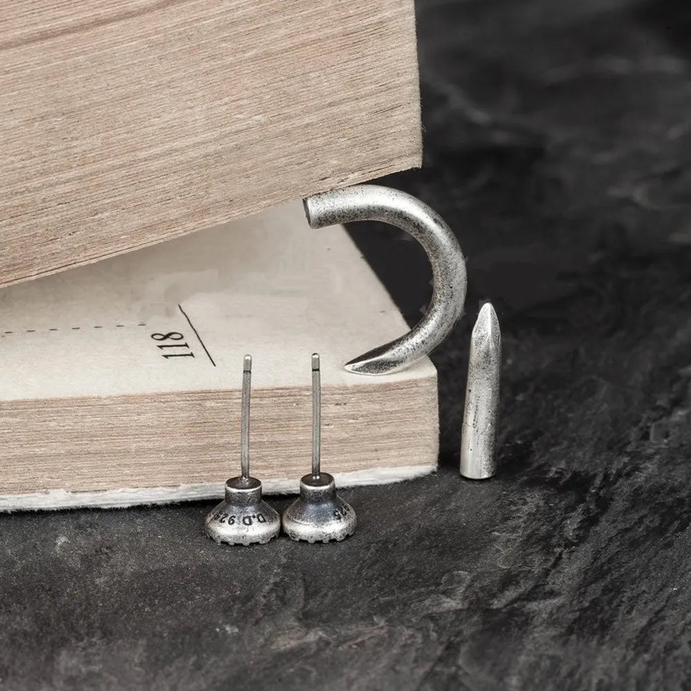 Single S925 sterling silver nail stud earring with ear hook in punk retro style.