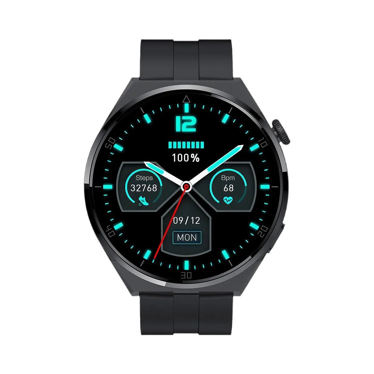 Smart watch in black with TFT screen displaying heart rate monitoring on a wrist