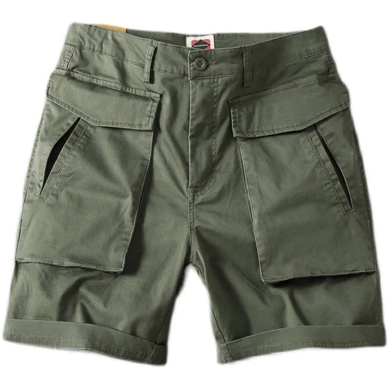 Men's cotton cargo shorts in army green with multiple pockets and straight-leg cut.