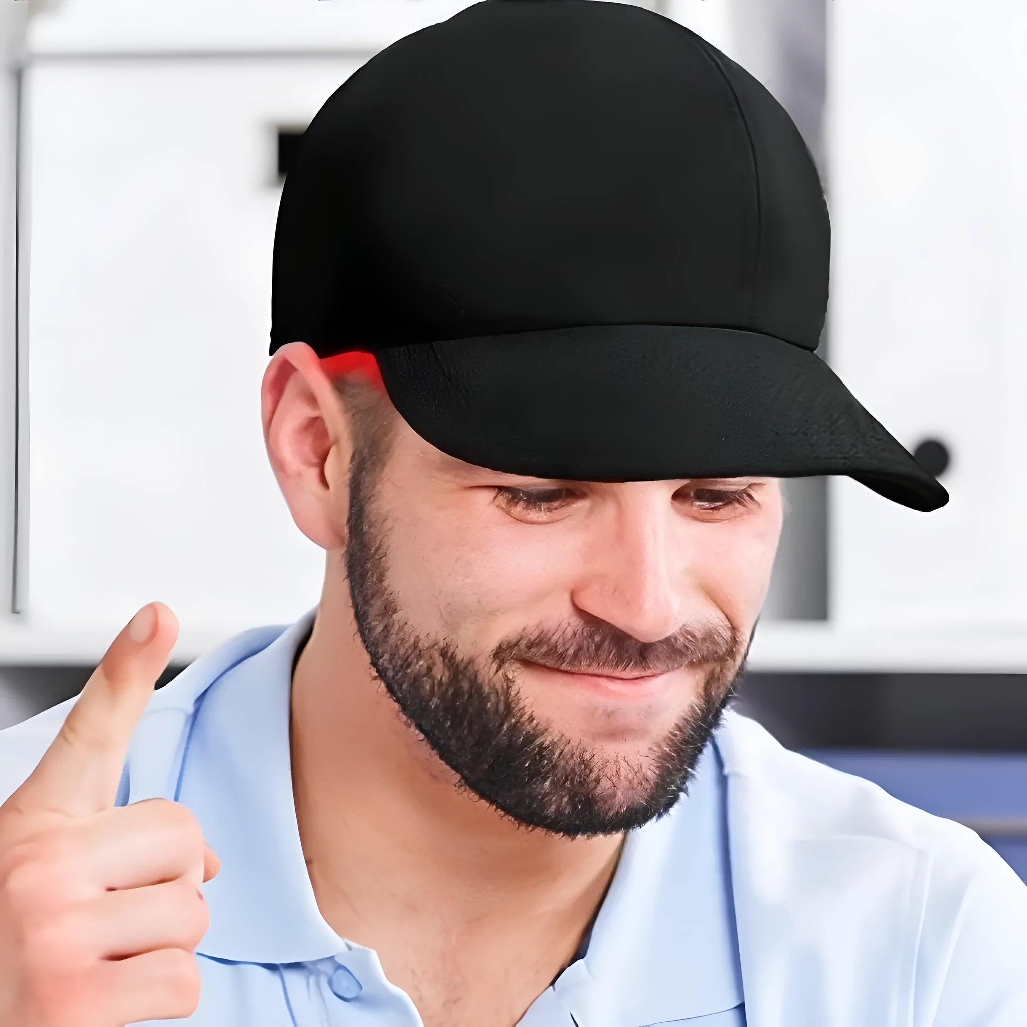 Black infrared peaked cap hair growth device with 180 LED lights and controller for scalp therapy