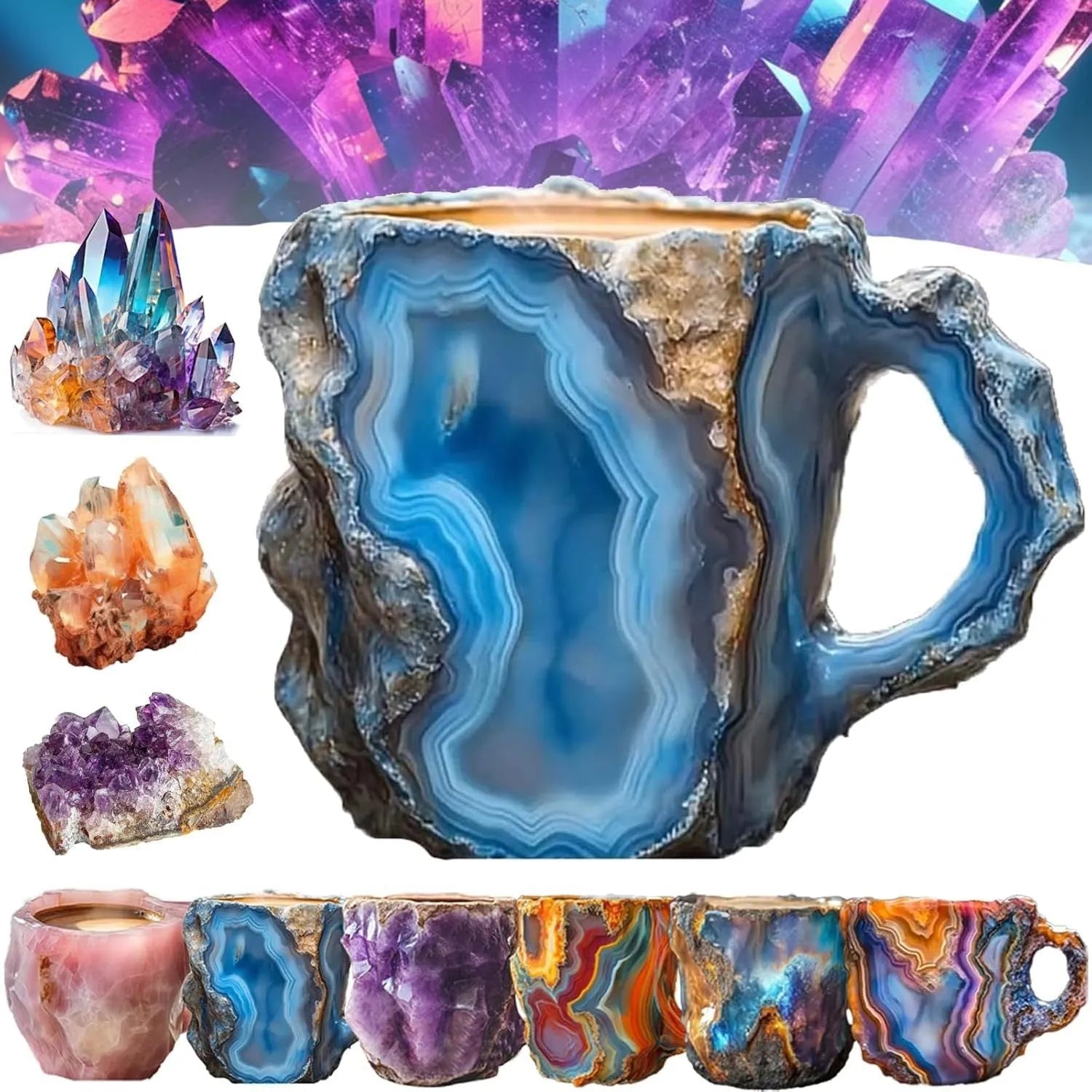 Resin mineral crystal coffee mug with handle showing 3D crystal appearance