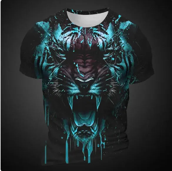 Men's 3D tiger pattern short sleeve t-shirt in thin bird eye cloth polyester fabric