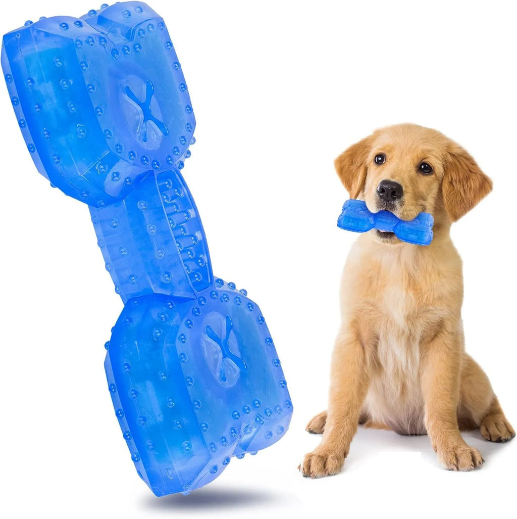 Freezable blue dog chew toy with textured surface for cooling and dental care.