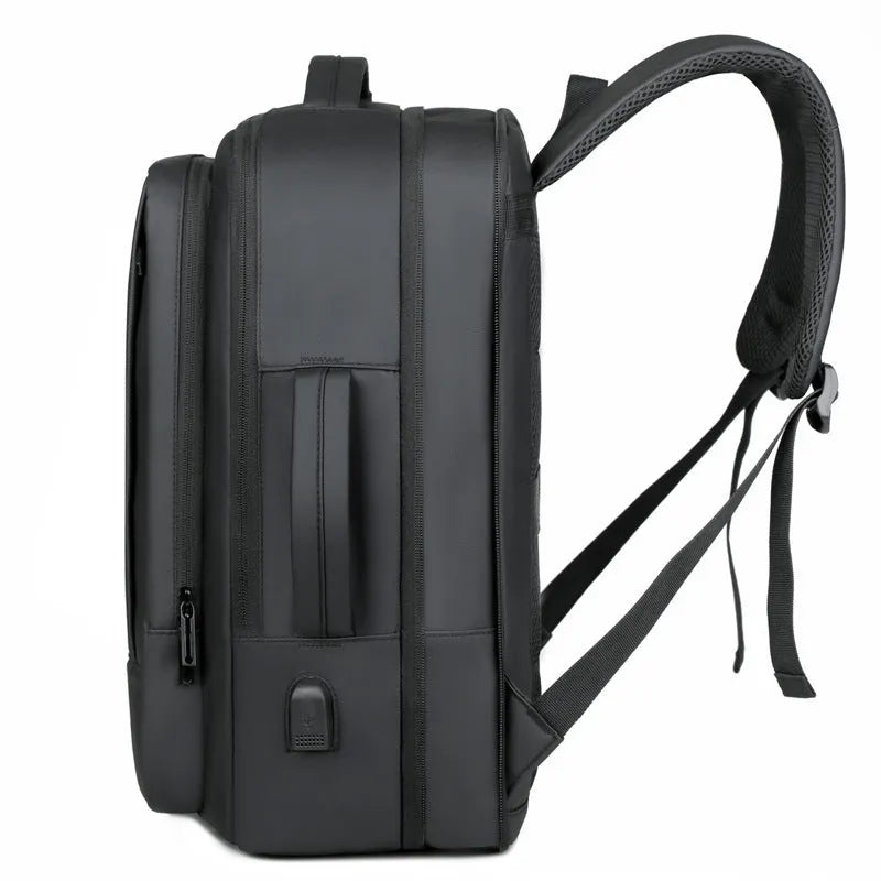 Men's large capacity waterproof Oxford cloth backpack in black with curved shoulder strap
