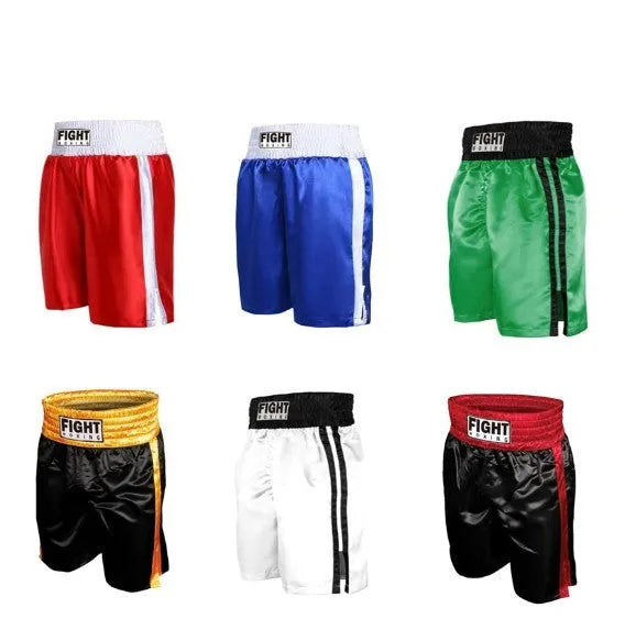 Boxing shorts for kickboxing in black and gold colour combination on a size chart.