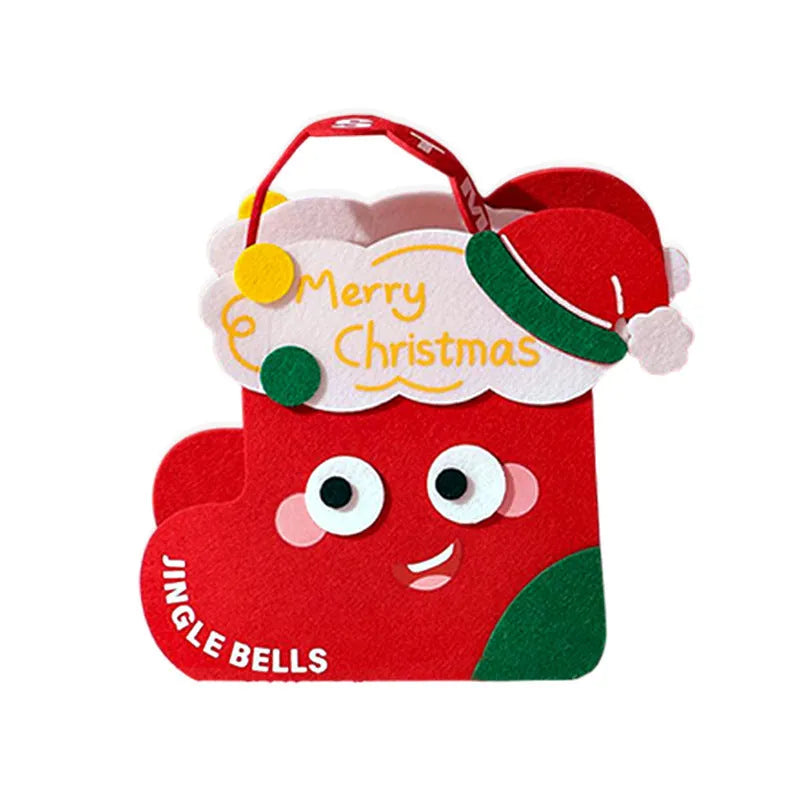 Christmas felt gift bag in green and red with cartoon design for gift packaging