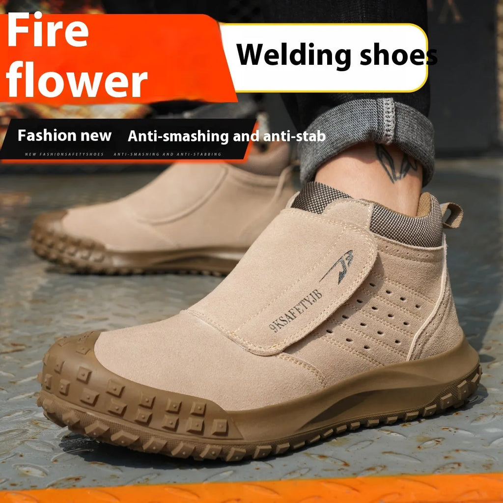 Lightweight steel toe cap safety shoes in sand colour with lace-up closure for industrial work
