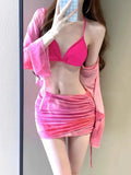 Women's four-piece blue or pink high waisted bikini set with skirt and bra for swimming and fitness