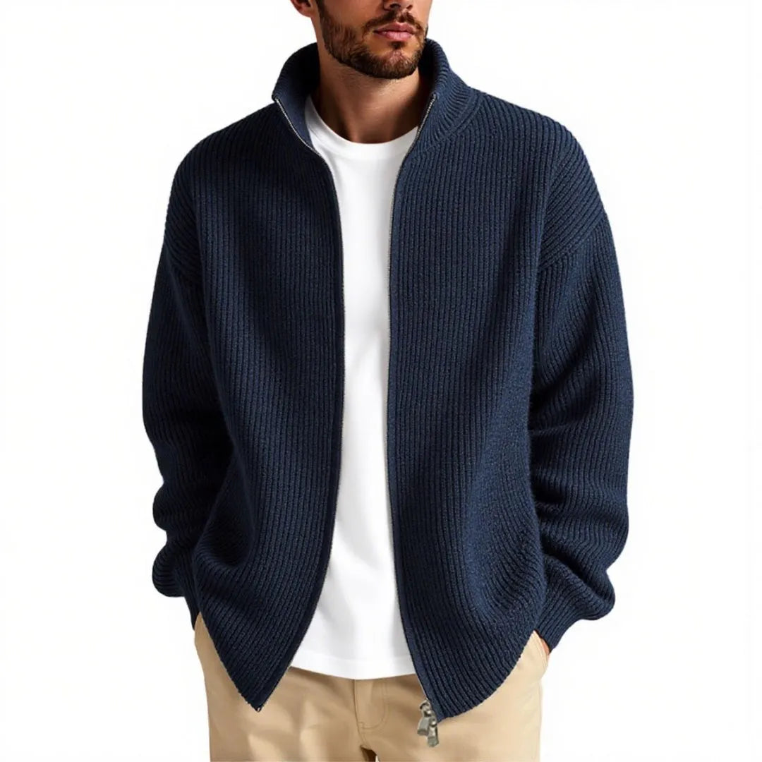 Men's loose fit cardigan sweater coat in acrylic blend fabric, shown in grey colour