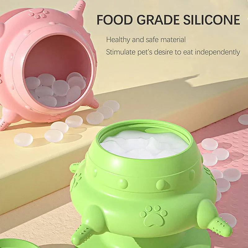 Pink silicone pet nursing device with milk bowl and four pacifiers for puppies and cats