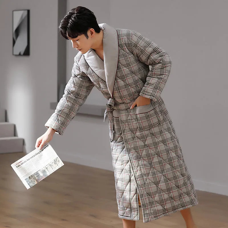 Pure cotton quilted bathrobe for men with lapel collar and V-neck in super thick knitted cotton