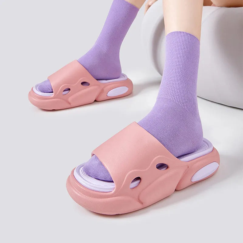 Women's and men's two-colour EVA slippers with thick soles and leather lining in pink purple, white green, or black and white options.