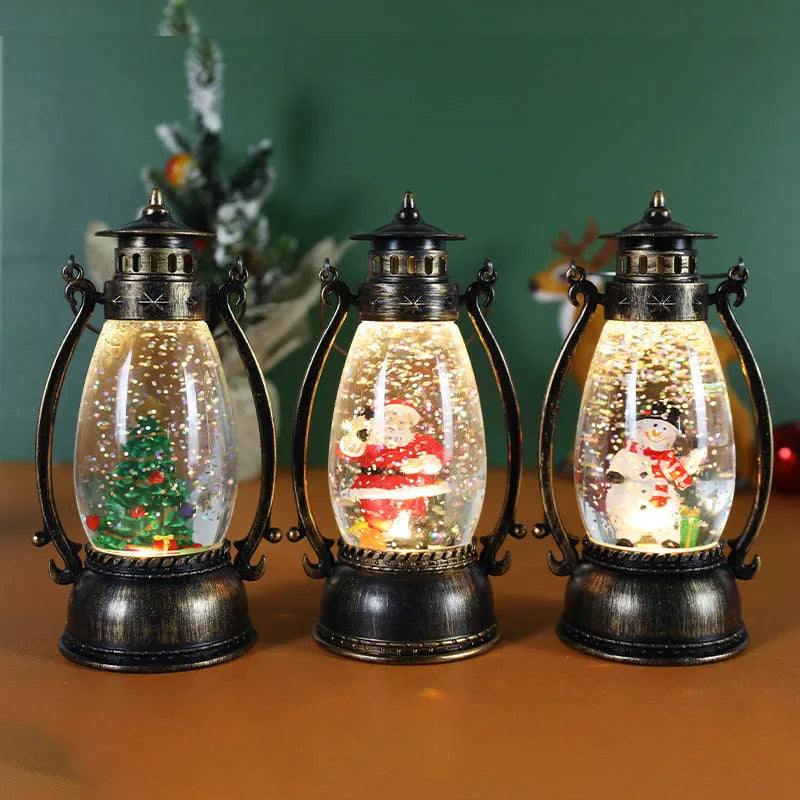 LED light-up crystal ball oil lamp Christmas ornament showing snowman or elderly figure design on a desktop.