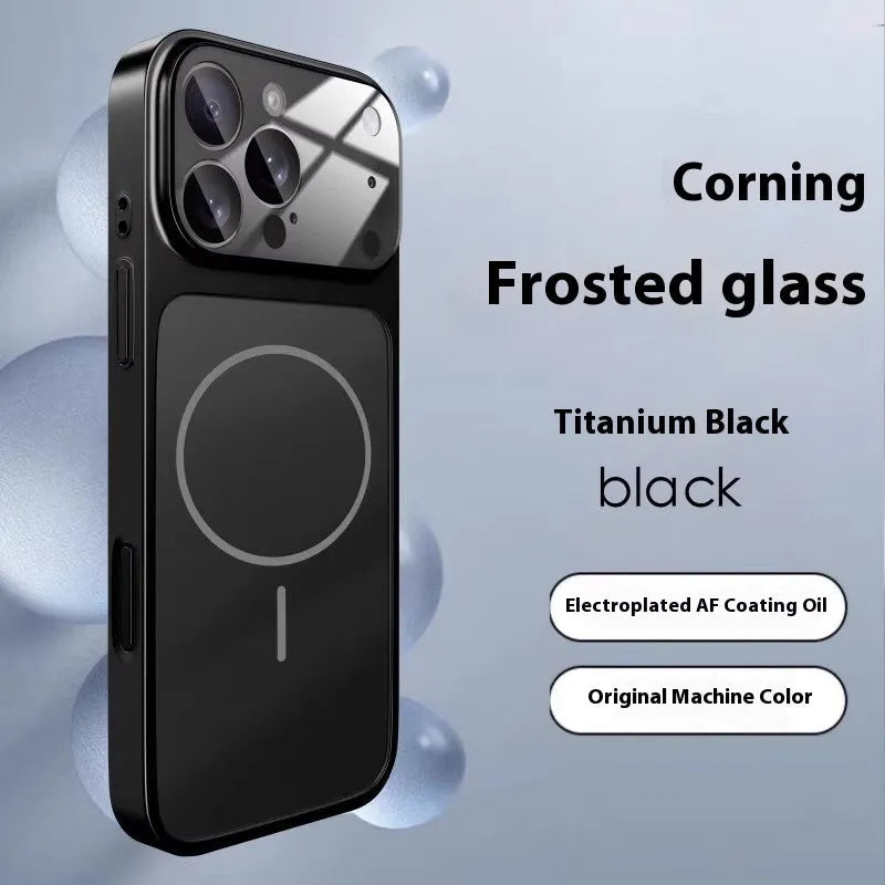 Black tempered glass iPhone case with frosted anti-fingerprint finish and magnetic back.
