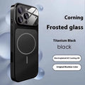 Black tempered glass iPhone case with frosted anti-fingerprint finish and magnetic back.
