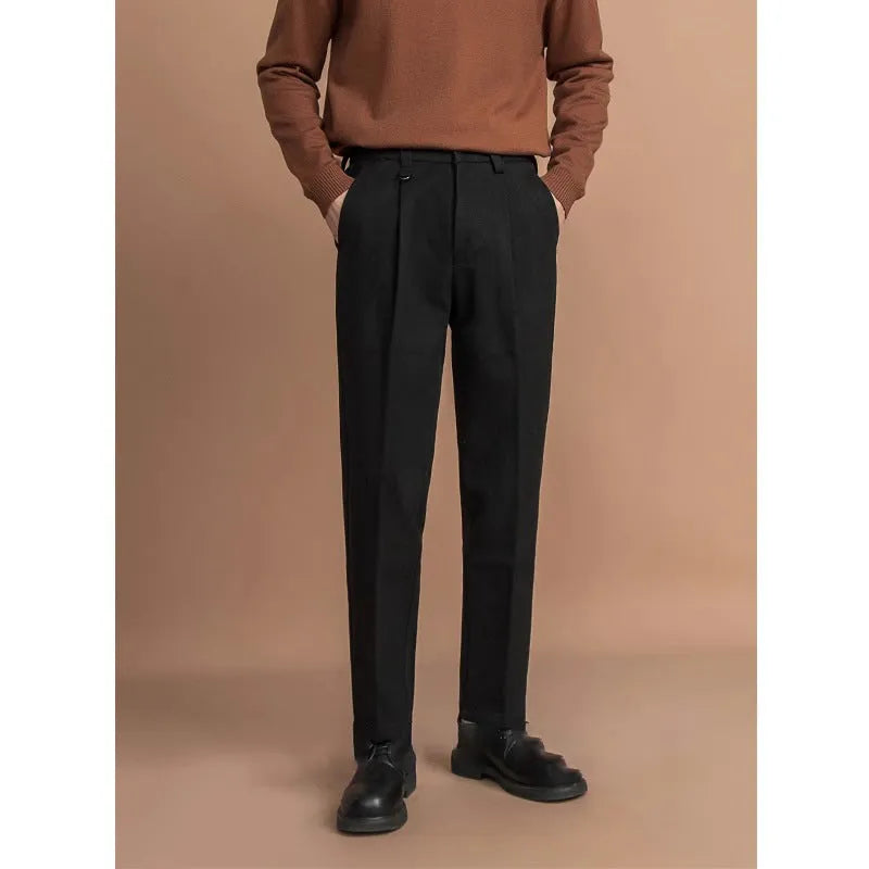 Men's straight-leg polyester trousers in black, dark grey, khaki, and brown colours for business casual winter wear