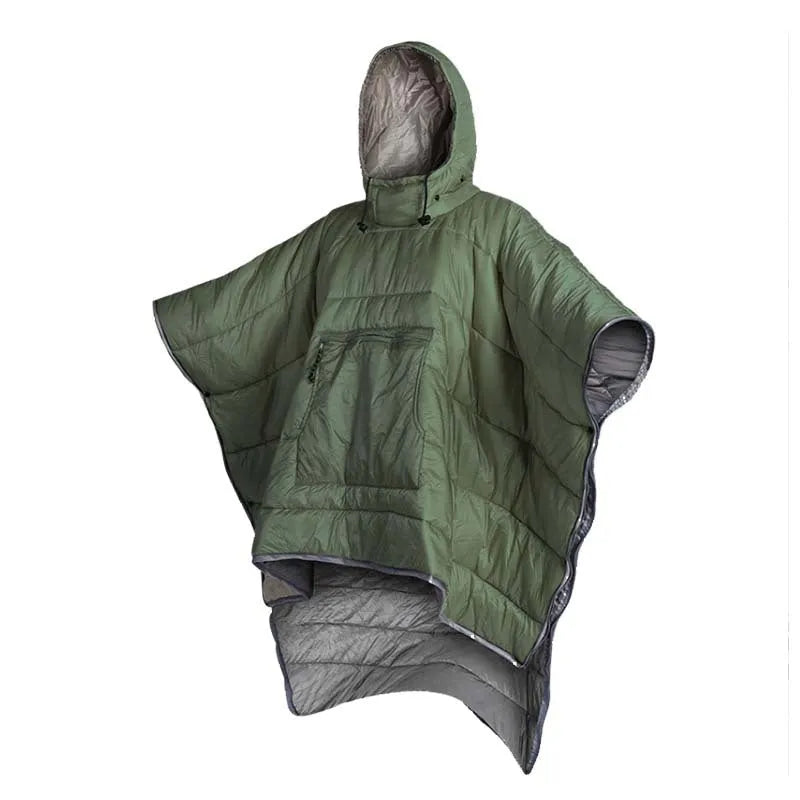 Adult-sized outdoor wearable sleeping bag cloak in Army Green colour showing convertible design