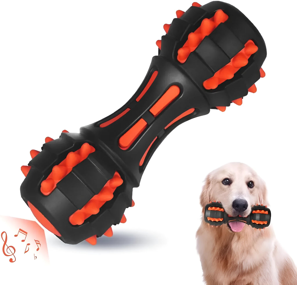 Red natural rubber dumbbell-shaped dog chew toy for aggressive chewers