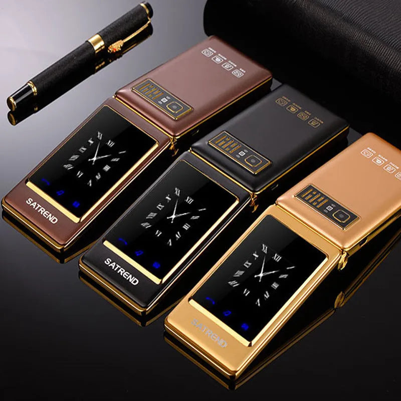 Dual Screen Flip A15 phone in black, gold, or coffee colour, showing internal and external screens.