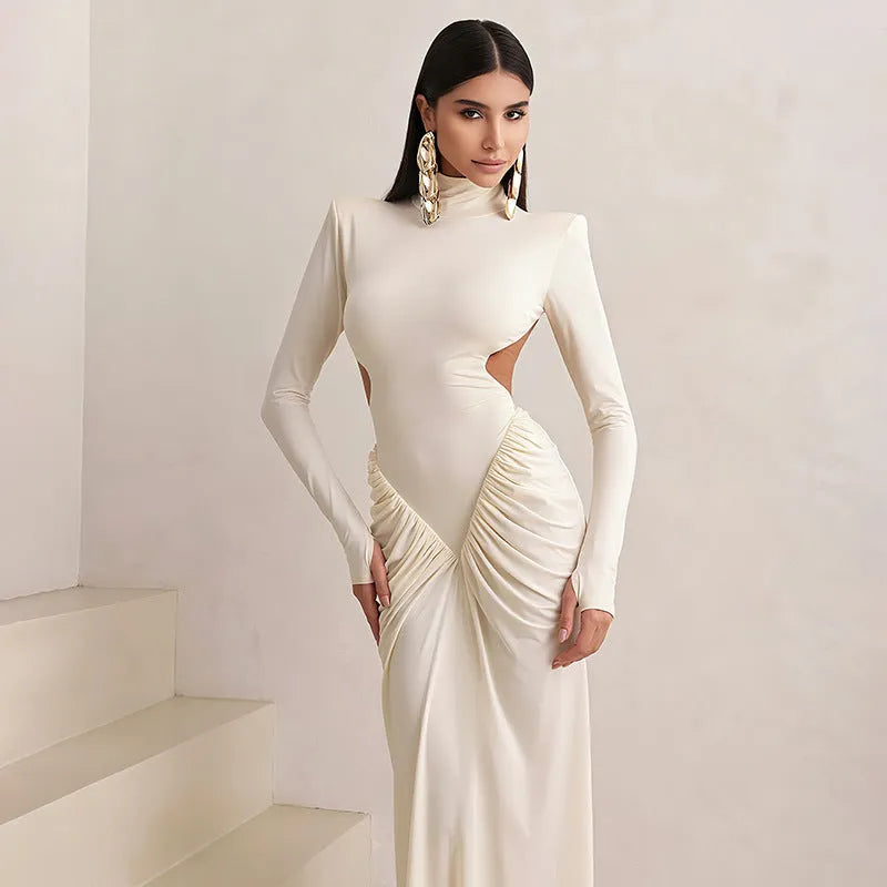 Long sleeve high collar slim fit pleated backless dress in a solid colour.
