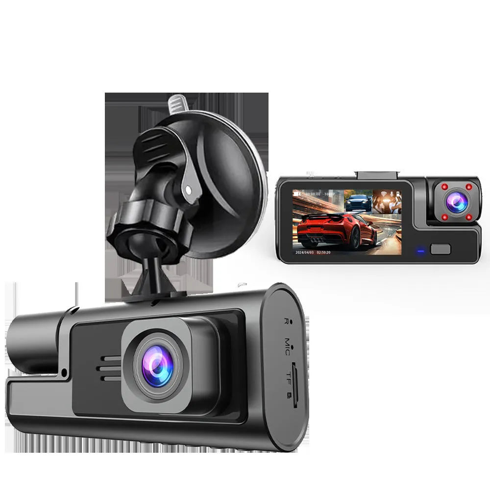 Black car dash cam with a 2-inch screen mounted on a windscreen, showing a rear-view parking image.