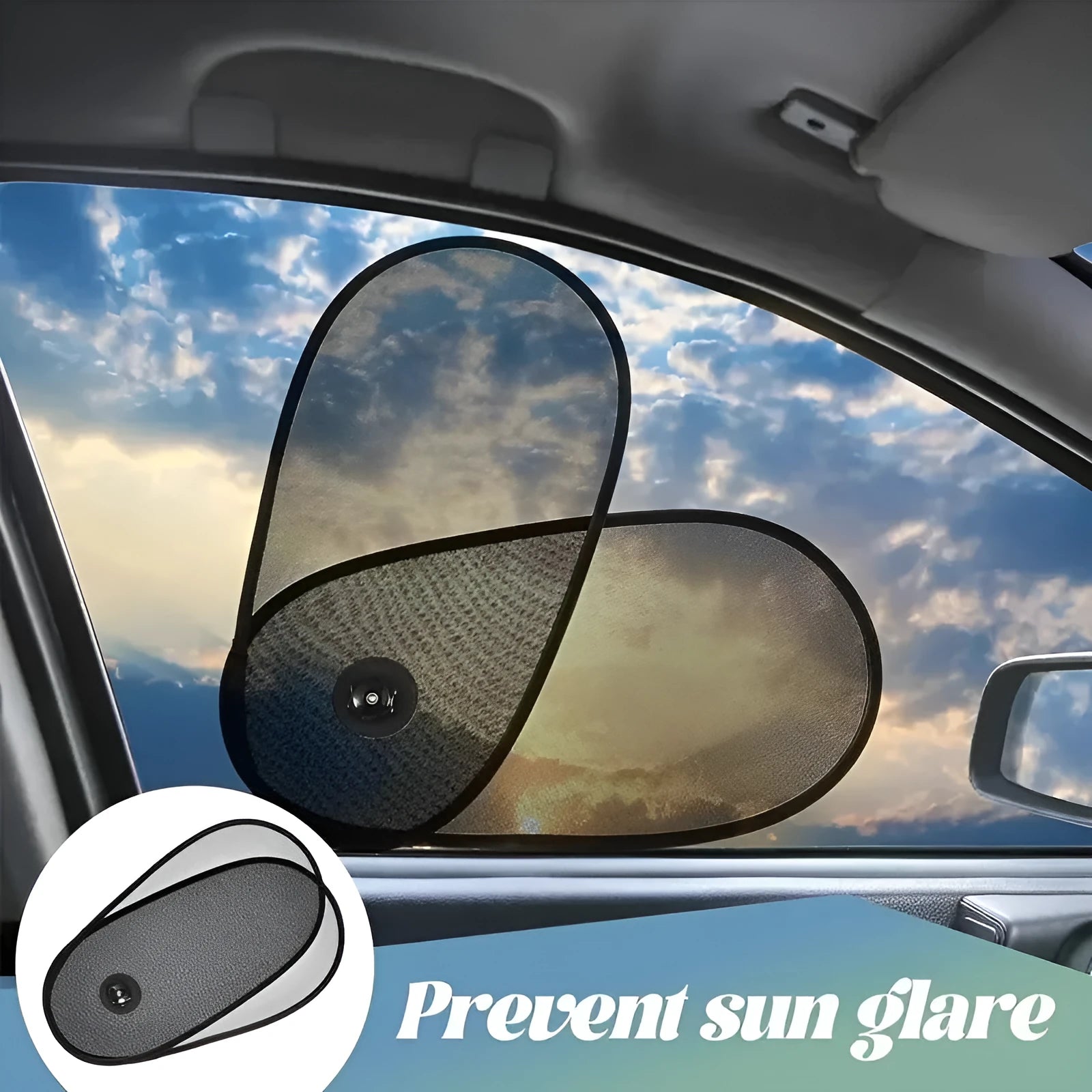 Black breathable car side window shade with suction cups stretched over window