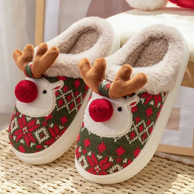 Cute Christmas elk plush slippers in red with colour block embroidery design