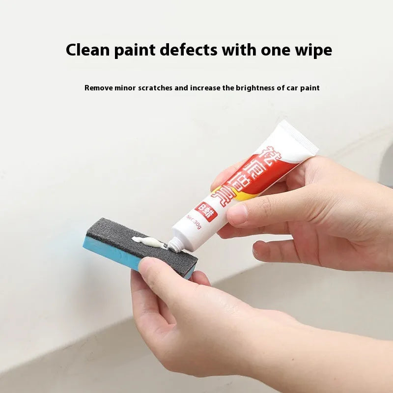 Car repair wax kit showing scratch removal A wax, polishing B wax, and a frosted sponge mop for DIY paint correction.
