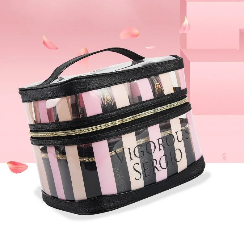 Floral pattern pink striped waterproof makeup bag with synthetic leather exterior