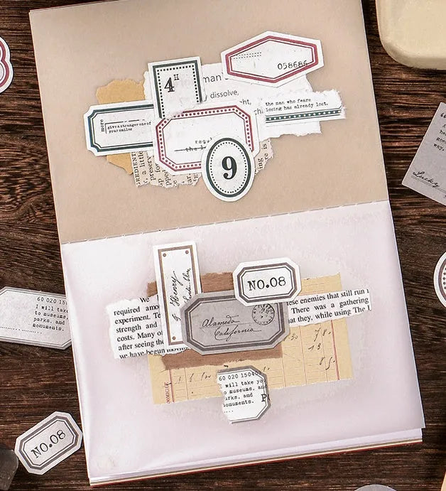 Mini label sheets in retro hand-account style, 62x45mm, 45 sheets in Kraft box with Butterfly Island colour design