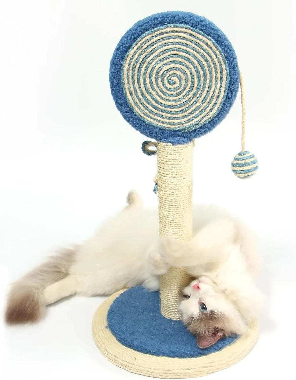 Blue cat scratching post with natural sisal rope and a hanging ball on a stable wooden base.