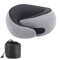 Black U-shaped memory foam travel neck pillow with storage bag, shown from the side.