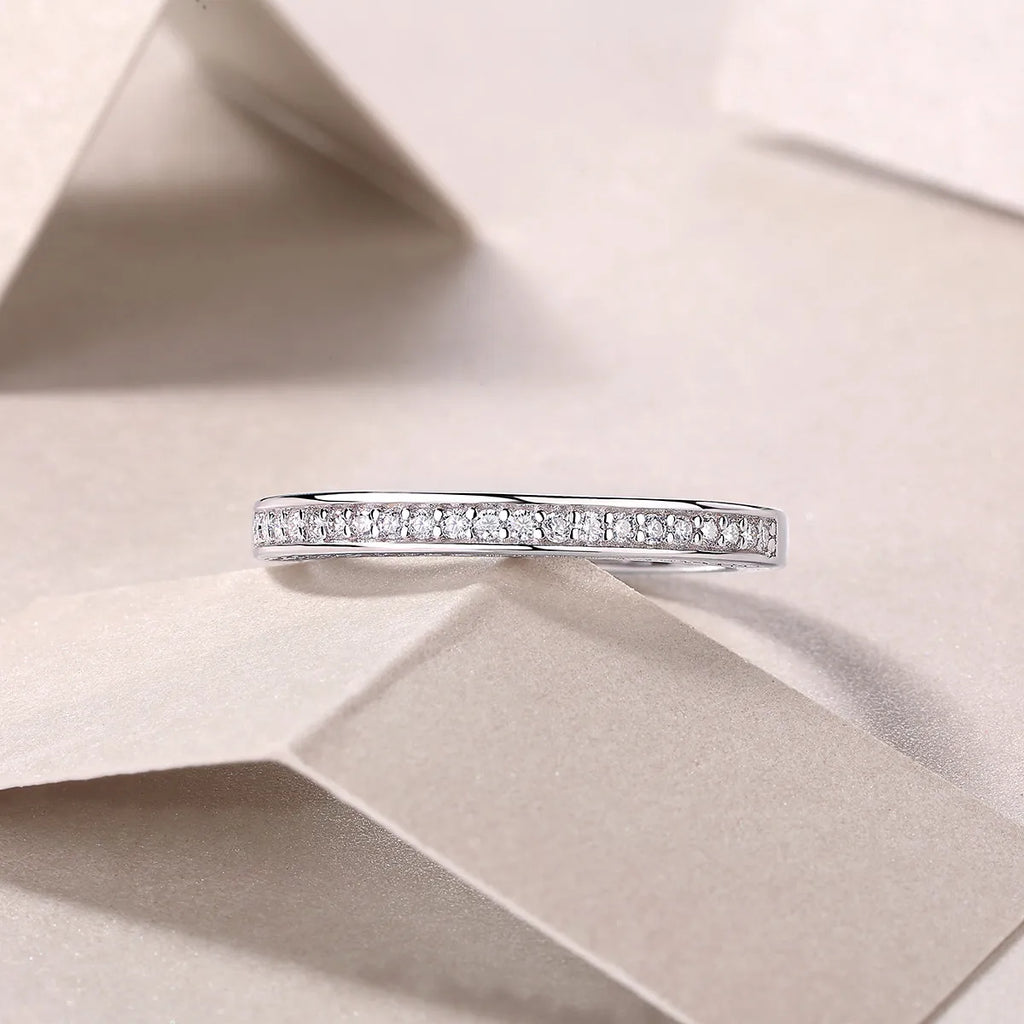 The Plucked Star moissanite wedding ring set in S925 silver with platinum plating, available in multiple colours