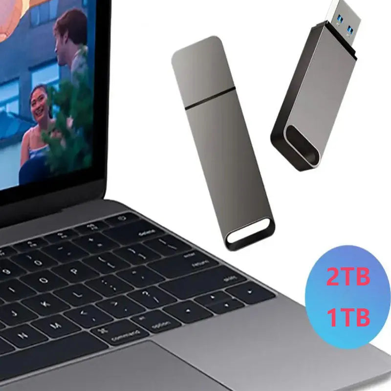 Black, red, and silver metal USB flash drives showing custom graphic option and high storage capacities up to 16TB.