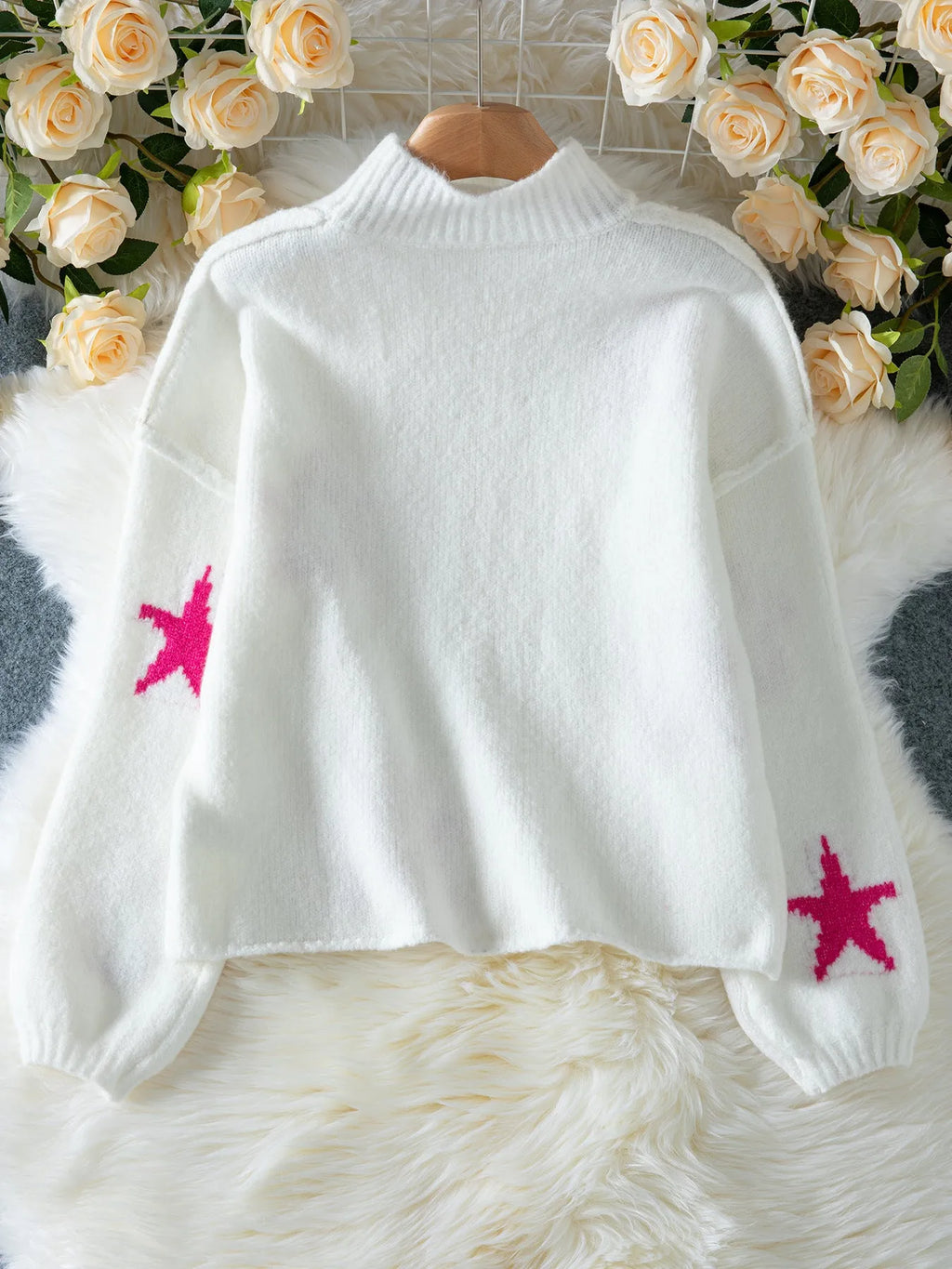 White women's pullover sweater with star pattern on thick imitation velvet fabric, loose turtleneck design
