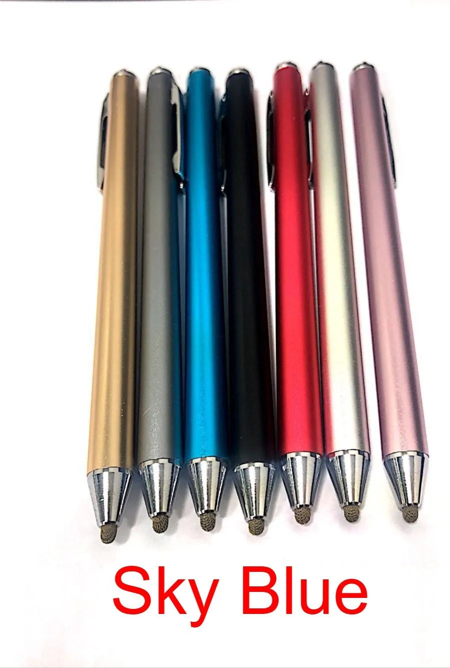 Metal casing stylus pen with fine tip, shown in multiple colour options.
