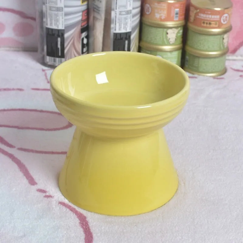 Black ceramic pet bowl with high foot neck protector design for anti-tumble feeding