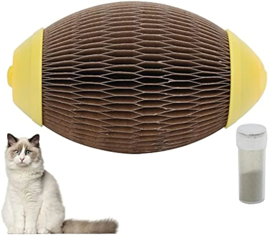 Ellipse-shaped catnip football toy made from recycled corrugated paper with scratching surfaces