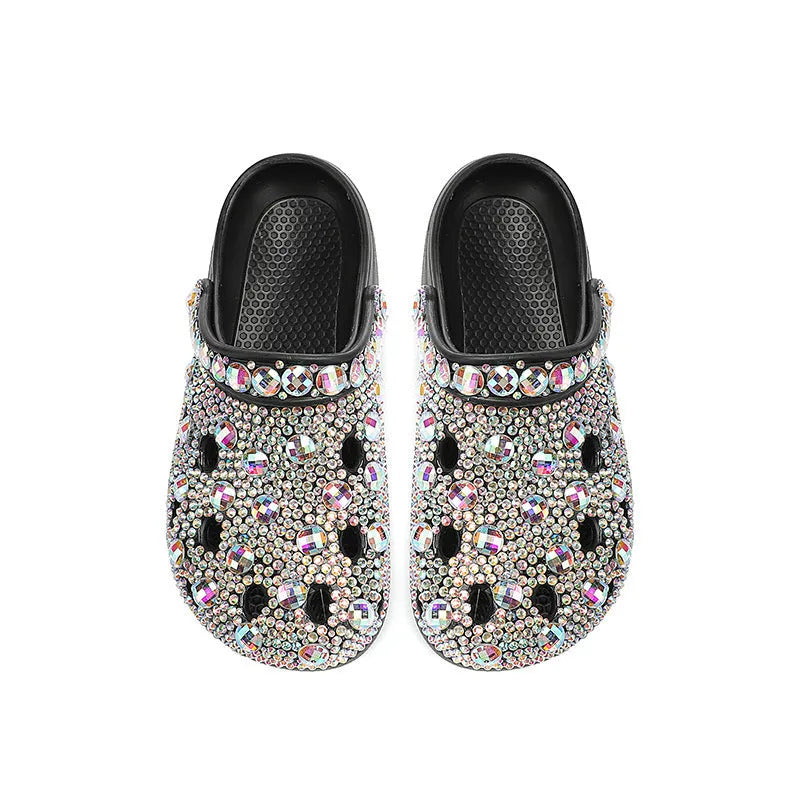 Black women's platform casual sandals with rhinestone holes and EVA construction