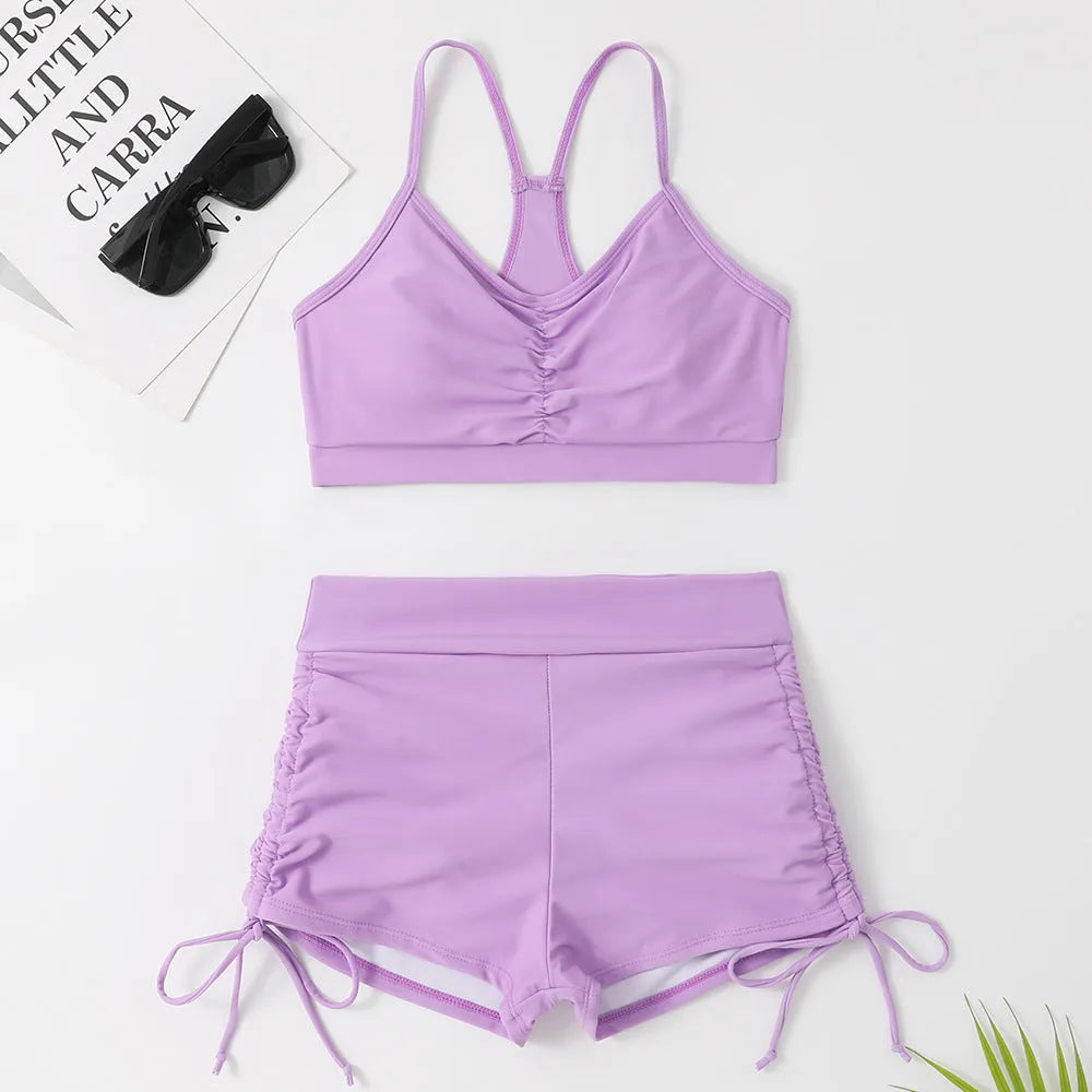 Women's high waist split swimsuit in black or violet nylon spandex fabric for swimming
