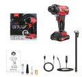 Red and black portable car air pump with cigarette lighter plug, multiple nozzles, and 3m power cable