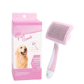 Self-cleaning slicker brush for dogs and cats with one-click hair removal button, available in green, orange, and pink