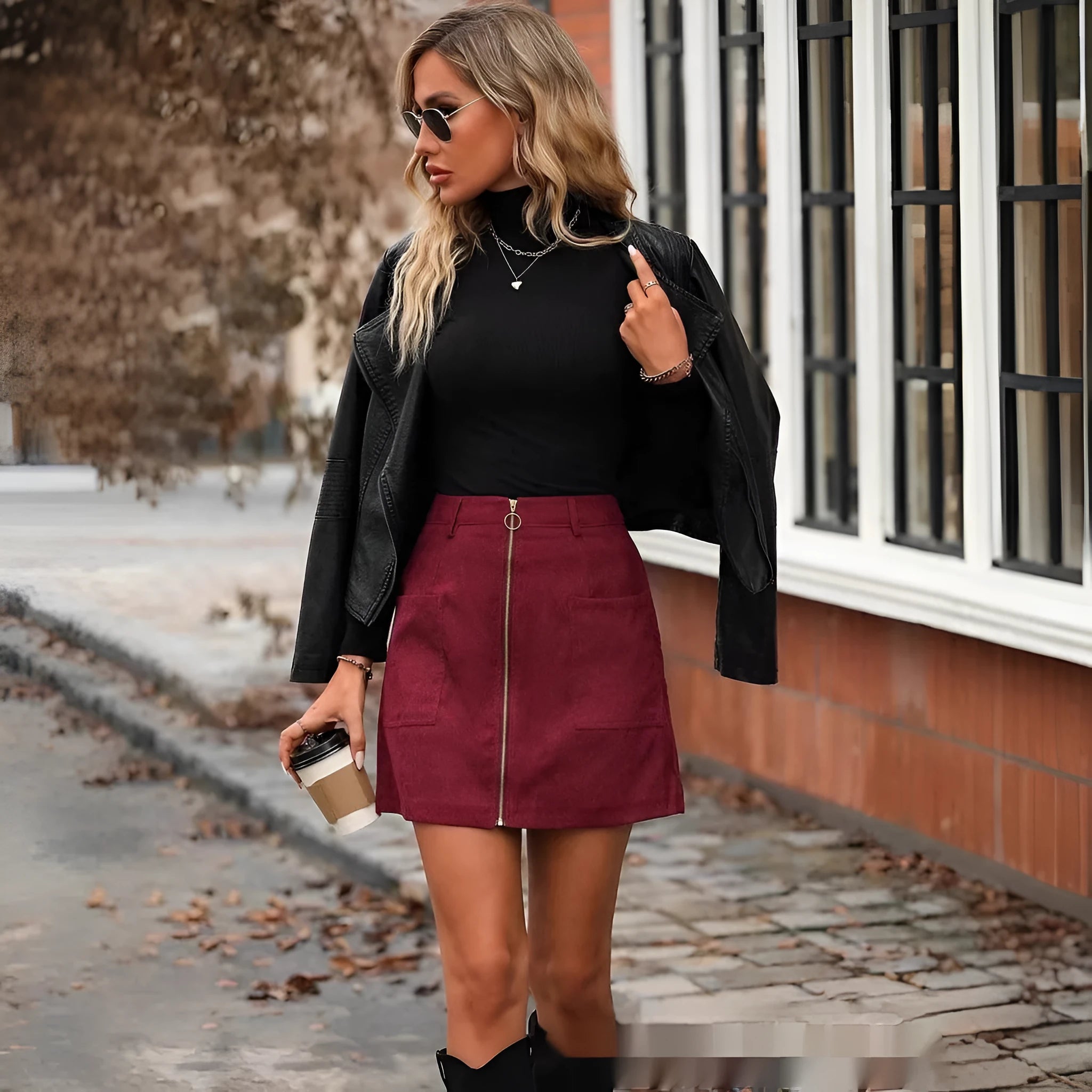 Women's high waist black short skirt with front zipper and stitching detail on a mannequin.