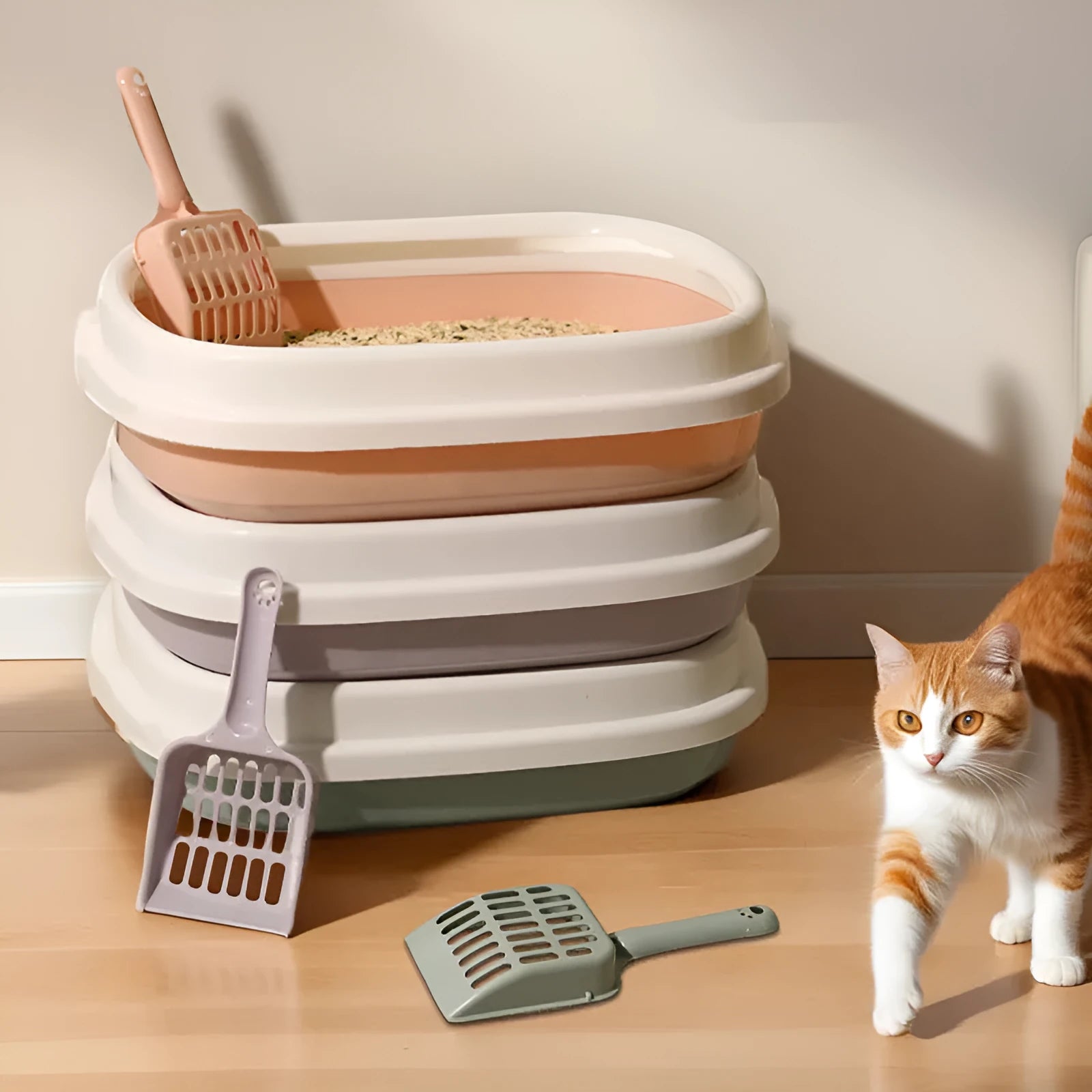 Plastic cat litter tray with scoop in blue color anti-splash design