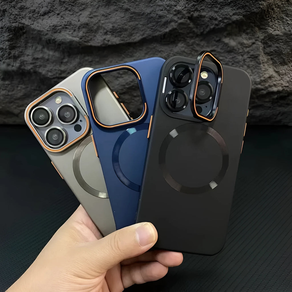 Frosted magnetic bracket phone case in black for iPhone 15 Pro Max with lens protector